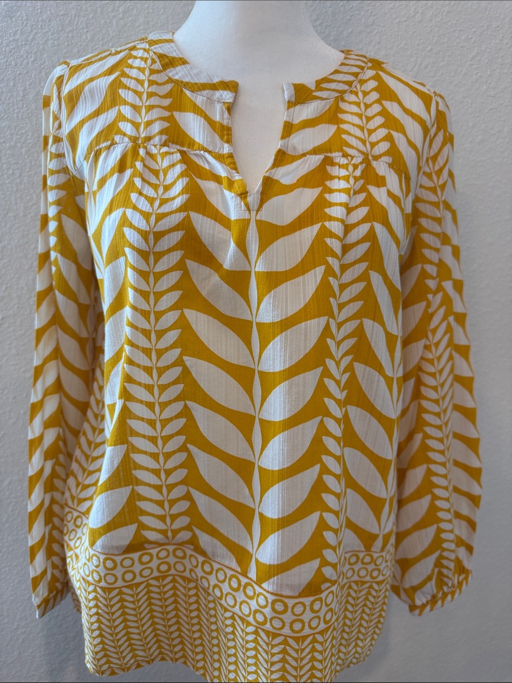 Ann Taylor Factory Mustard and White Leaf-Print Long Sleeve Blouse
